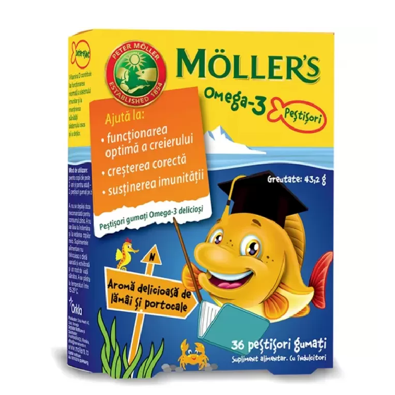 Pestisori gumati cu Omega-3, aroma portocala, 36 jeleuri, Moller\'s