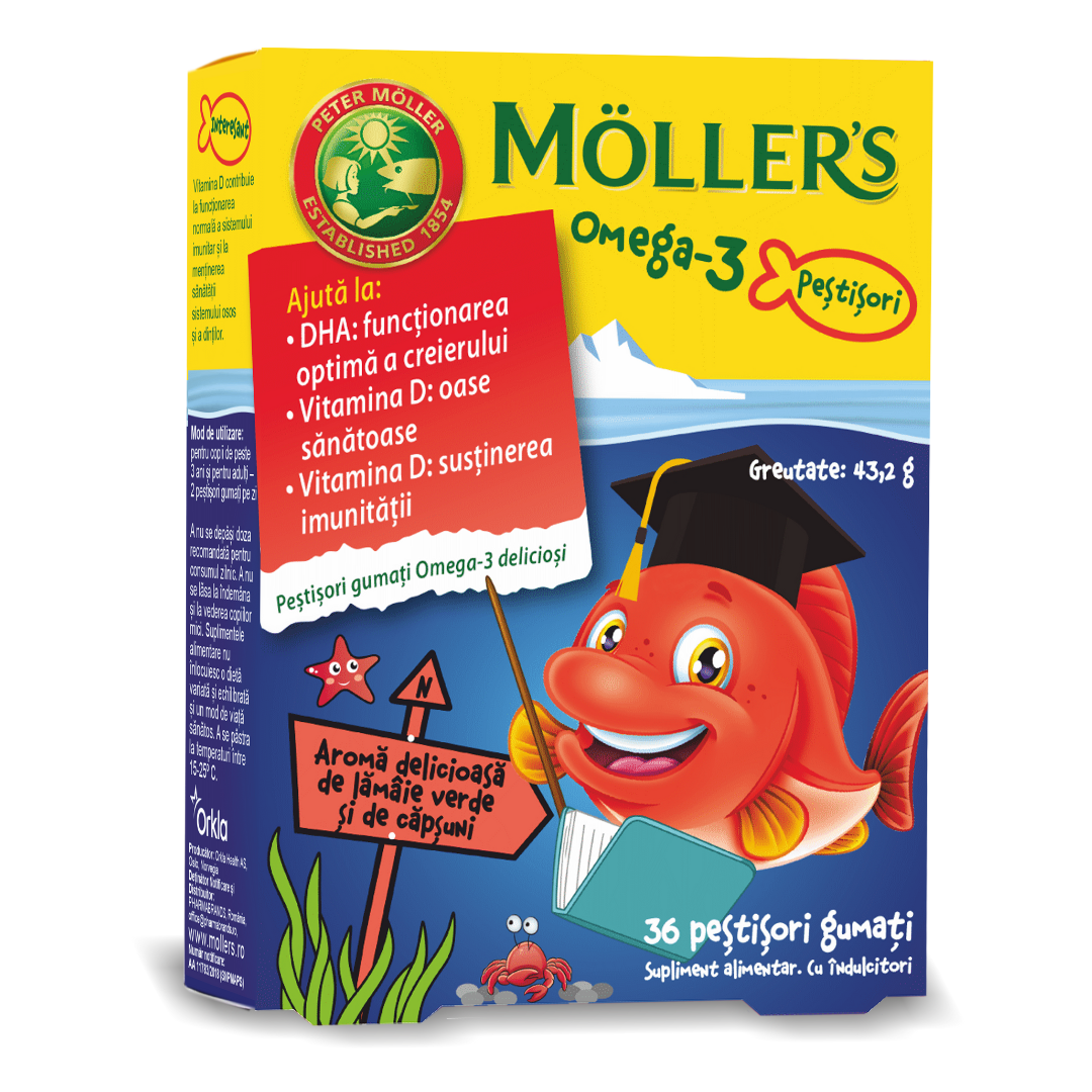 Pestisori gumati cu Omega 3 si aroma de lamaie verde si capsuni, 36 jeleuri, Moller\'s