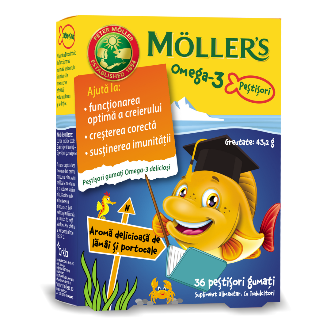 Pestisori gumati cu Omega-3 si aroma de portocale, 36 jeleuri, Moller\'s