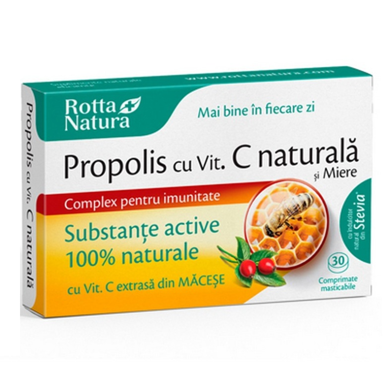 Propolis cu Vitamina C Naturala si Miere, 30 comprimate masticabile, Rotta Natura