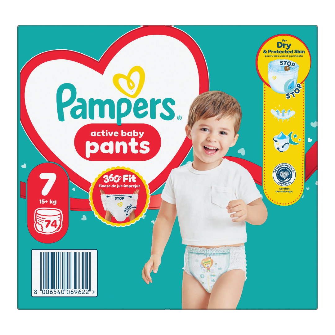 Scutece chilotel Active Baby Pants, marimea 7, 15+ kg, 74 bucati, Pampers