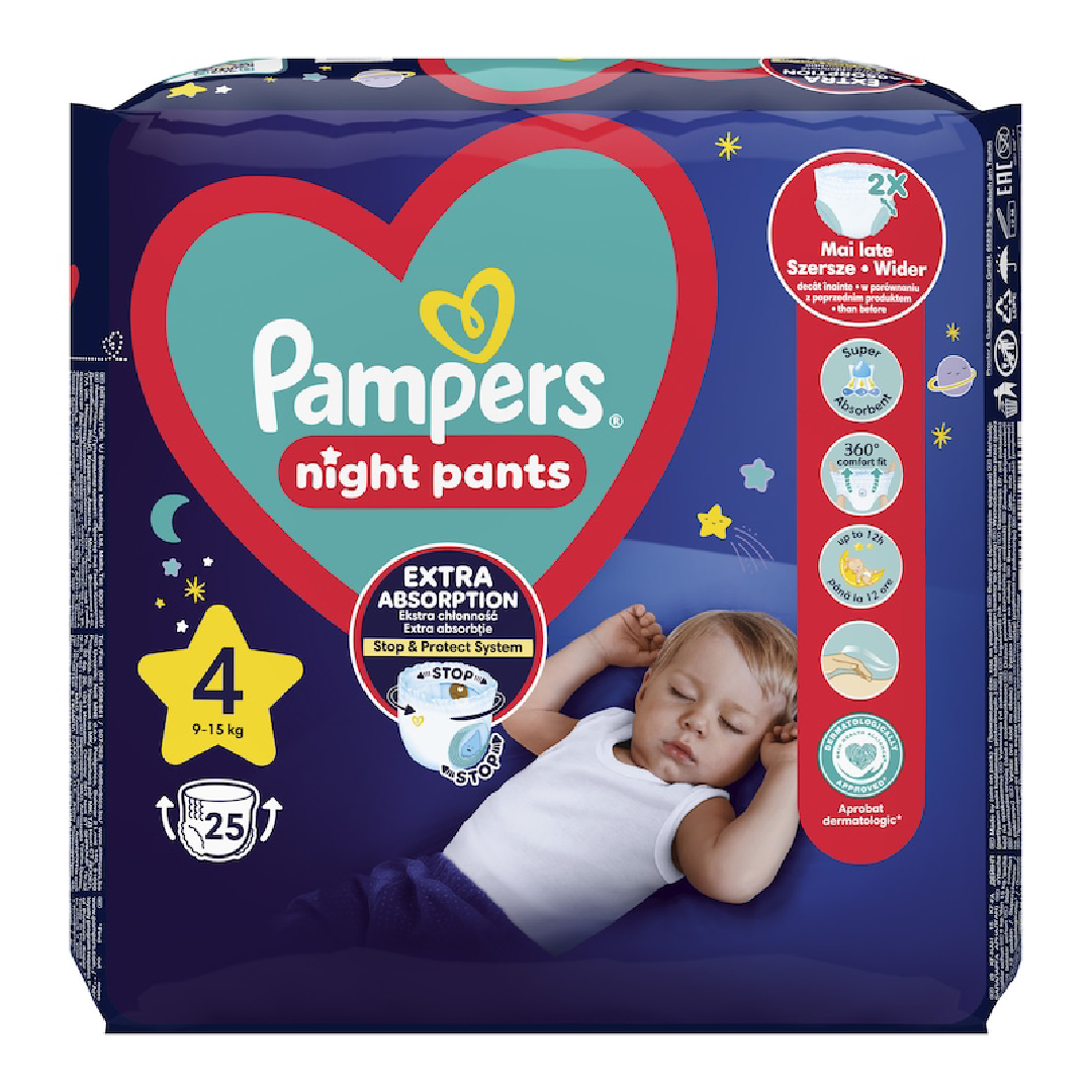 Pampers Night Pants Scutece-chilotel de noapte Marimea 4, 9-15kg, 25 bucati