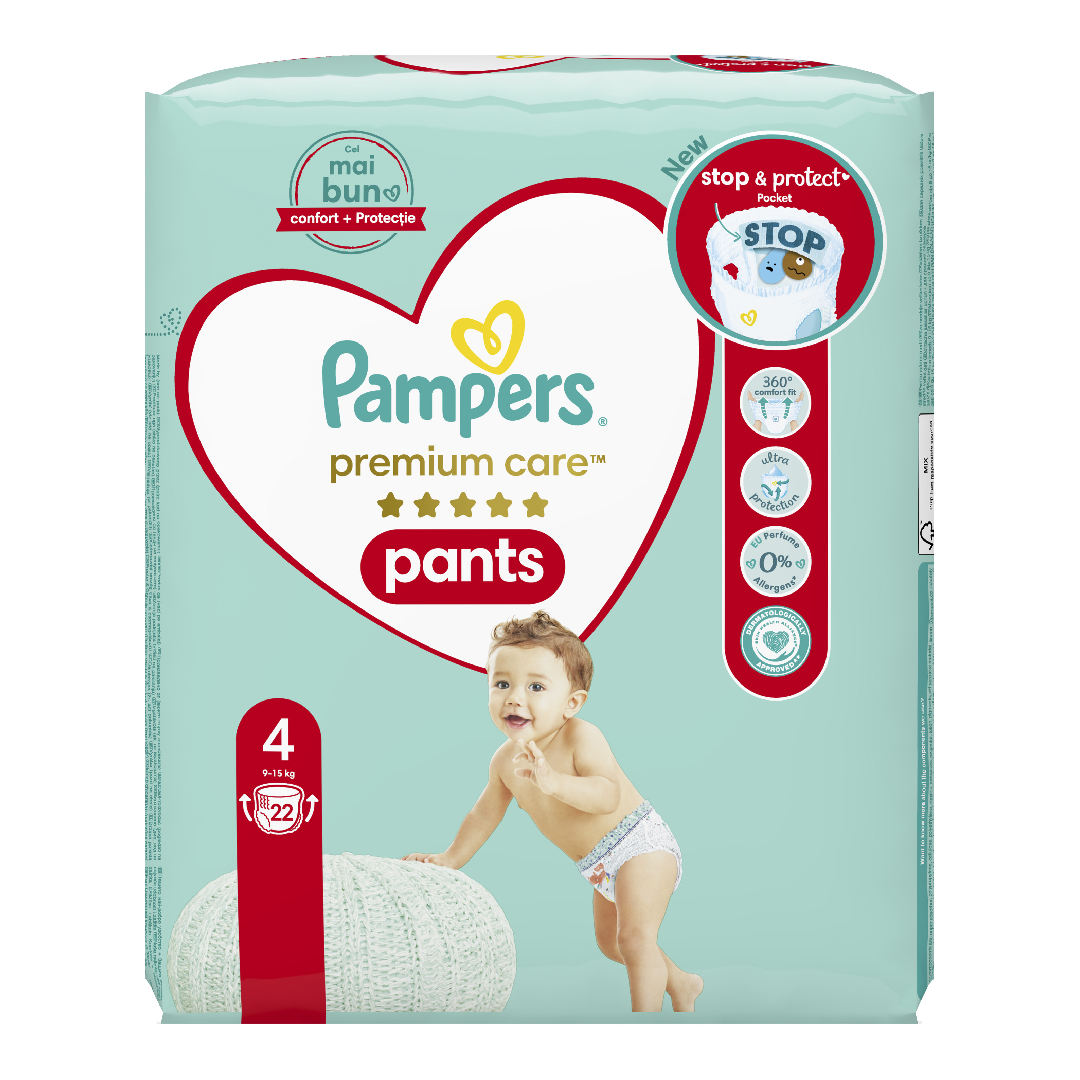 Scutece Pampers Premium Care Pants, 9-15 Kg, Marimea 4, 22 Bucati