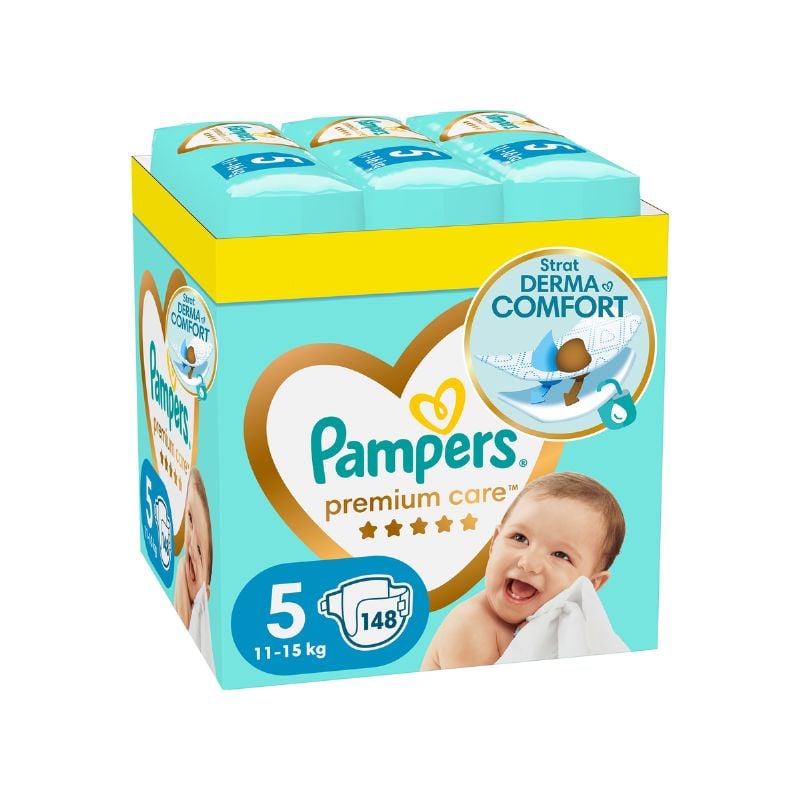 Scutece Premium Care, Marimea 5, 11-16 Kg, 148 Bucati, Pampers