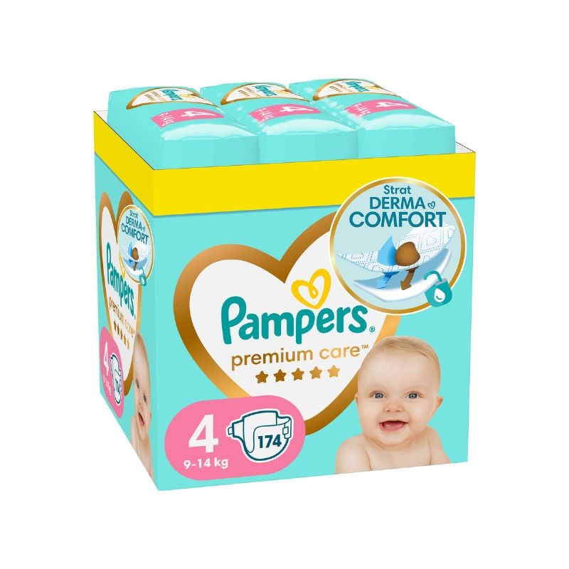 Scutece Premium Care, Marimea 4, 9-14kg, 174 Bucati, Pampers