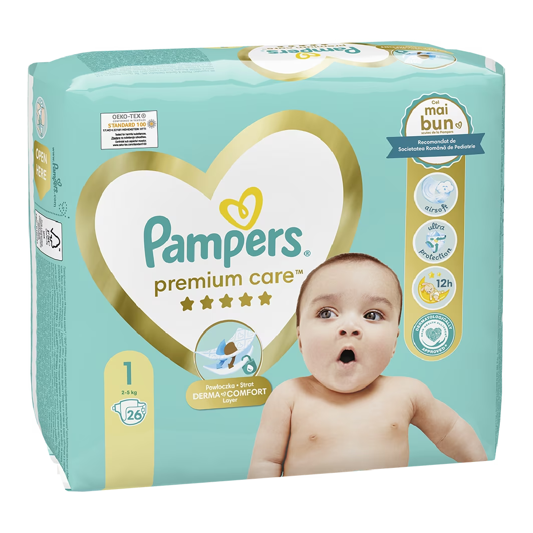 Pampers Scutece Premium Care Junior Marimea 1, 2-5kg, 26 Bucati