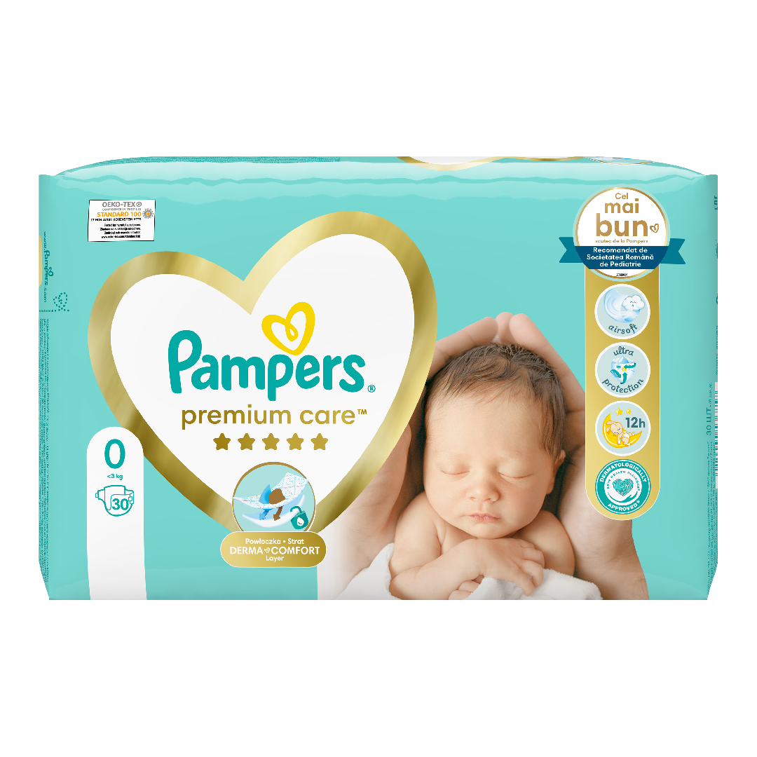 Scutece Premium Care, Marimea 0, <3 kg, 30 bucati, Pampers