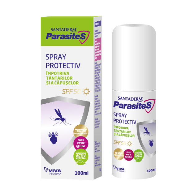 Spray repelent importiva tantarilor si a capuselor SPF 50, Santaderm Parasites, 100 ml, Viva Pharma