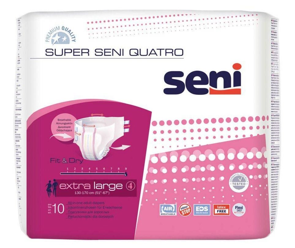 Super Seni Quatro Extra Large 10 Scutece Adulti Cu Sistem Inschis