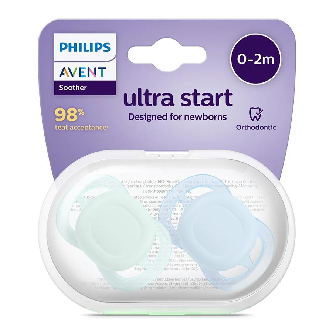 Suzete Ultra Start, SCF075/02, Albastru/Verde, 0-2 luni, 2 bucati, Philips Avent