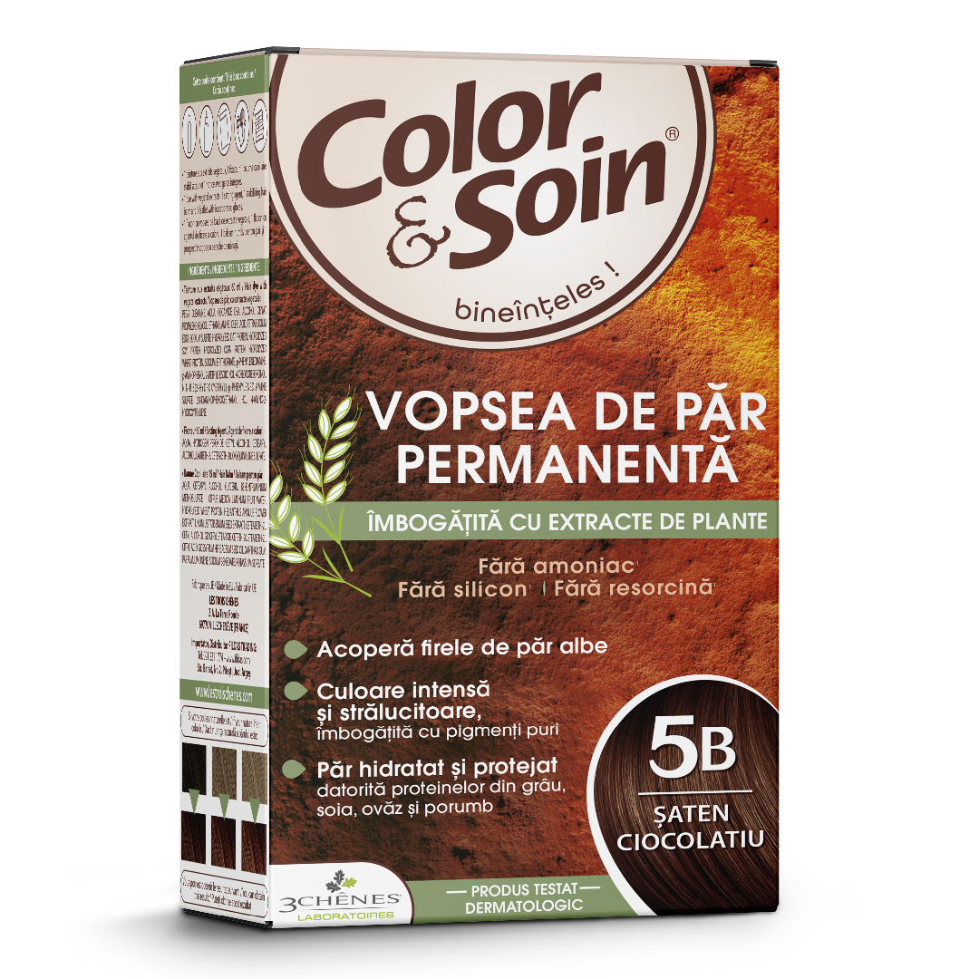 Vopsea de par fara amoniac, fara silicon, saten ciocolatiu, 5B, Color&Soin